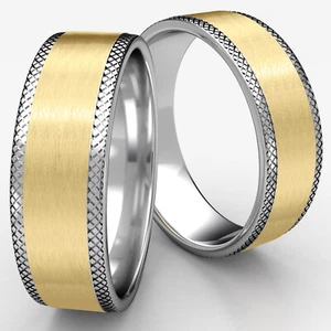 Satin Center Knurled Edge 8mm Ring Men's Wedding Band 14k 2 Two Tone Yellow Gold - Picture 1 of 4