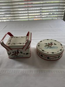 Vintage Christmas Tin Geese Ducks Potpourri Press Round 1985 & Tin Basket - Picture 1 of 6