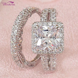 Wuziwen 4CT CZ Princess Cut Engagement Wedding Ring Set Bridal Set 925 Silver - Picture 1 of 13