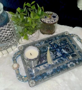 Blau Weiß Strass Perlen Kosmetik Tablett Parfüm Make-up Dekor Tablett Lesezeichen Glas - Bild 1 von 17