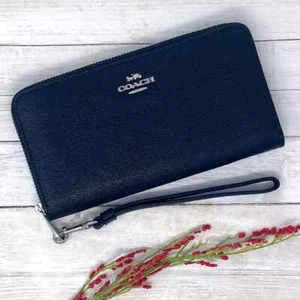 Cartera Coach Larga con Cremallera Alrededor en Cuero Plateado/Negro C3441 Nueva Con Etiquetas - Imagen 1 de 5