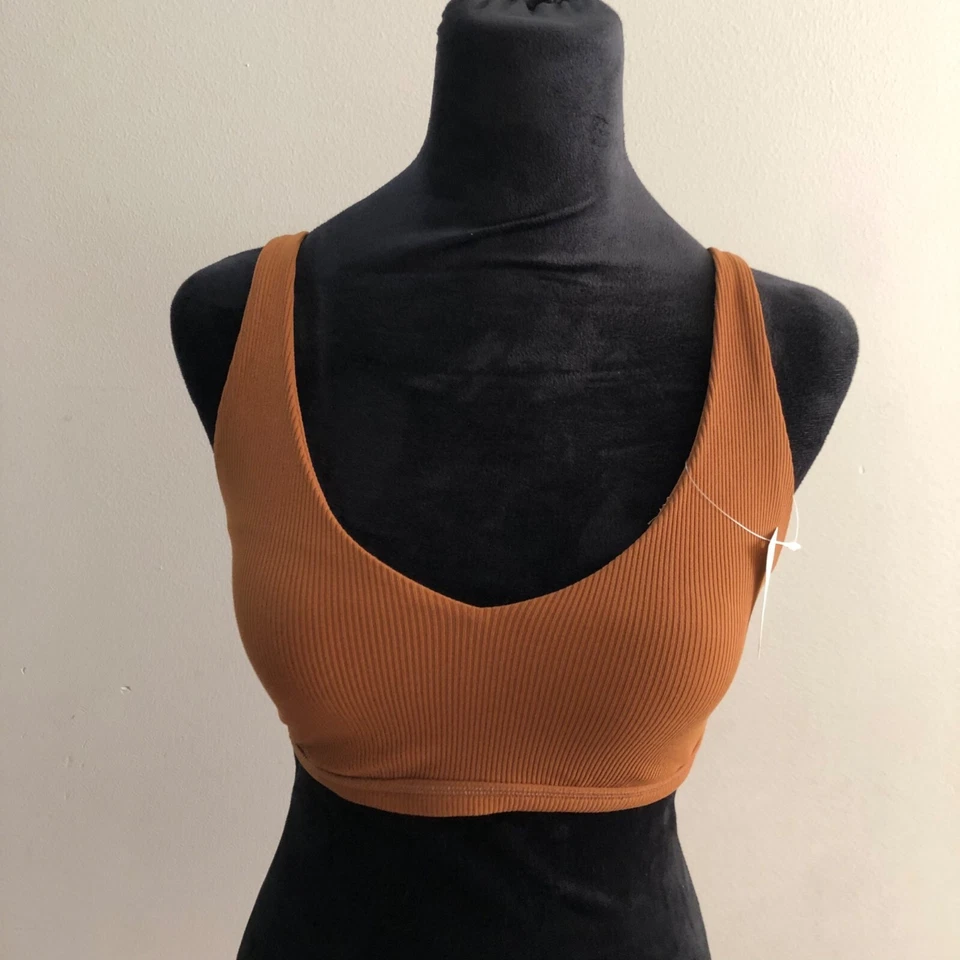 Offline Aerie Mesh Back Ribbed Plunge Double Strap Sports Bra Brown Sz Small