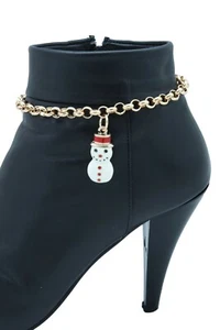 Women Gold Metal Chain Boot Bracelet Shoe Anklet Bling Fun Snowman Holiday Charm - Picture 1 of 12