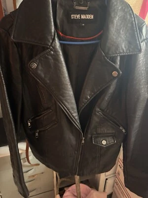 Chaqueta Steve Madden Negra Imitación Cuero Moto Forrada Pesada Talla Grande Foto 1 de 3