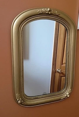 Espejo superior arqueado madera de yeso dorado vintage pasillo baño decoración de pared LEER  Foto 1 de 4