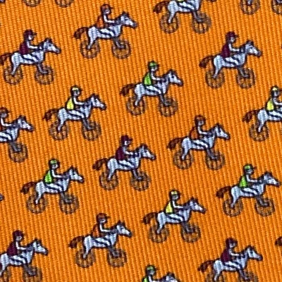 NEW BOX HERMES TIE ~ ORANGE w/ FUN GREEN YELLOW ROCKING HORSE BICYLCE JOCKEYS XL - Image 1 of 4