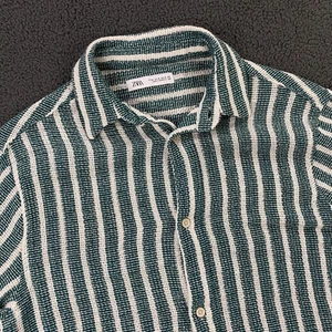 Zara Shirt Mens Medium Textured Knit Button Up Striped resort Casual Summer - Picture 1 of 8