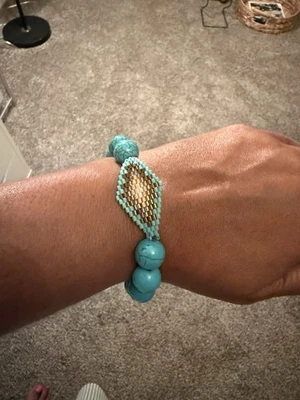 Boho Bracelet Turquoise Howlite Beads with Handwoven Beadwork Centerpiece - Image 1 of 2