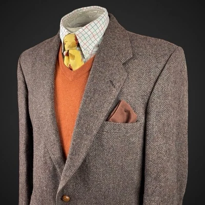 Chaqueta de tweed para hombre Farah 44R marrón espiga lana abrigo deportivo país de colección  Foto 1 de 4