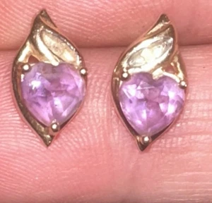 Beautiful 10 karat solid yellow gold Faceted Heart Cut amethyst Diamond earrings - Picture 1 of 10
