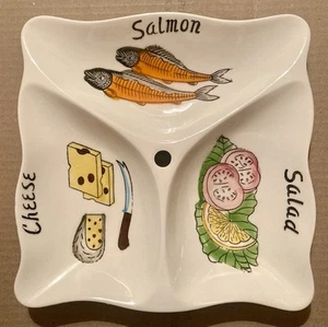 LACHS KÄSE & SALAT VINTAGE 70ER JAHRE QUADRATISCH GETEILT SCHNITT KERAMIKPLATTE - Bild 1 von 2