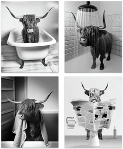Funny Highland Cow Bathroom Wall Art Prints, Vintage Black and White Rustic - Picture 1 of 5