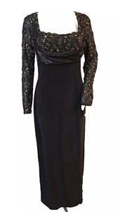 BOB MACKIE Boutique Vintage Black Gold Beaded Lace Gown Dress SZ 8 S/M - Picture 1 of 10