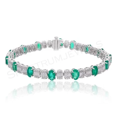 H/Si Baguette Diamant Sambianischer Smaragd Armband 14k Echt Weißgold 8.75 TCW - Bild 1 von 4