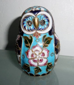 FIGURINA GUFO CLOISONNE SMALTATA ASIATICA VINTAGE DESIGN COLORATO NR - Foto 1 di 6