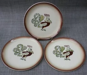 3 PIATTI vintage MCM Brock California Pottery CHANTICLEER gallo pane e burro - Foto 1 di 5