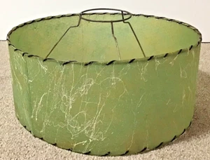 Retro MCM lamp shade  GREEN GOLD w/WHITE SPLATTERS Fiberglass Whipstitch 14" - Picture 1 of 7