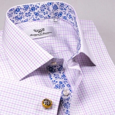 Hot Pink Gingham Check Formal Business Dress Shirt Floral Inner Lining Cool Boss - Image 1 of 4