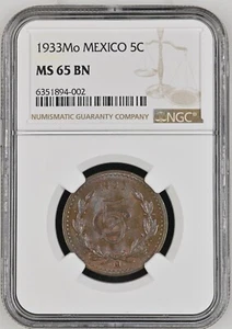 1933 Mo Mexico 5 Centavos NGC MS 65 BN - Picture 1 of 2