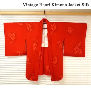 Vintage Haori Kimono Jacket Silk, Bright Red base, Leaf Motif - Picture 1 of 12