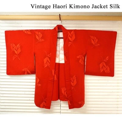 Vintage Haori Kimono Jacket Silk, Bright Red base, Leaf Motif - Image 1 of 4