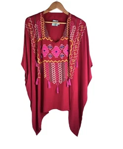 Judith March Gypsy Embroidered Tassel Tunic Red with Pink Size Large - Bild 1 von 5