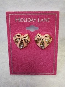 Gold Tone Heart Earrings with Pink Bows - Picture 1 of 4