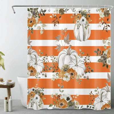 Striped Floral Pumpkin Orange Fall Shower Curtain Bathroom Accessories Set - Image 1 of 4