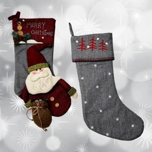 Christmas Stockings Set of 2 Santa Snowflake Designs Red Gray 18" Embroidery - Picture 1 of 12