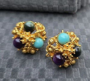 Pair of Vintage Multi-Color Bead Gold Tone 1940s Judith McCann Wingback Earrings - Picture 1 of 8