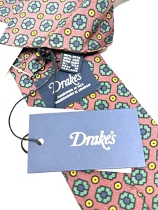 NWT $225 Drakes Made in England Chestnut Brown Green Gold Big Medallion Silk Tie - Picture 1 of 5