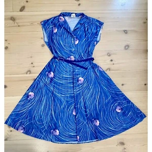 Vintage 50s Finnish Shirt Dress, Blue Floral Swirl Belted Midi Dress, C40, M/L - Picture 1 of 10