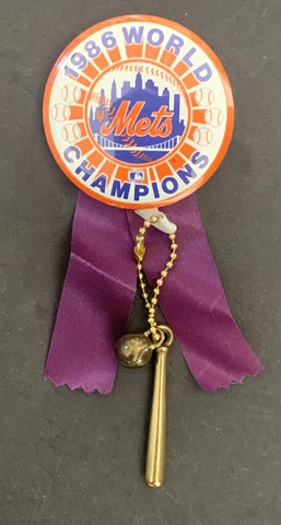 New York Mets 1986 World Champions￼ 2.25” Button Pin Ribbon Ball & Bat Chain Cover