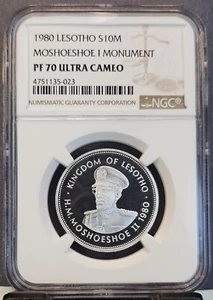 1980 LESOTHO SILVER 10 MALOTI MOSHOESHOE I MONUMENT NGC PF 70 ULTRA CAMEO POP 1 - Picture 1 of 3