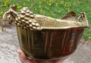 Large Vintage Brass Hammered Planter with Grape Handles | Antique Gold Metal... - Picture 1 of 9