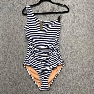 J Crew Swimsuit Womens 8 Blue Striped Off The Shoulder One Piece Resort Beach - Picture 1 of 13