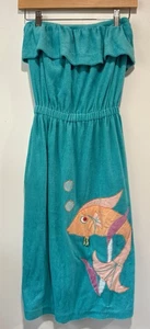 Vintage Terry Cloth Swimsuit Dress Cover Up Aqua Turquoise Fish Appliqué Y2K - Picture 1 of 6