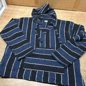 Vintage Art-Maz Men’s Large Blue/Black Striped Baja Poncho Hoodie - Picture 1 of 5