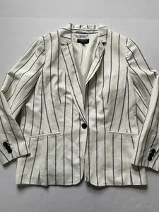 Talbots Blazer Womens 16P Cream Blue Striped Linen Blend Collared Lined Jacket - Imagen 1 de 8