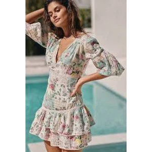 Mini Vestido Barok Grande Verde Blanco Algodón Volantes Bordado Mangas Globo - Imagen 1 de 10