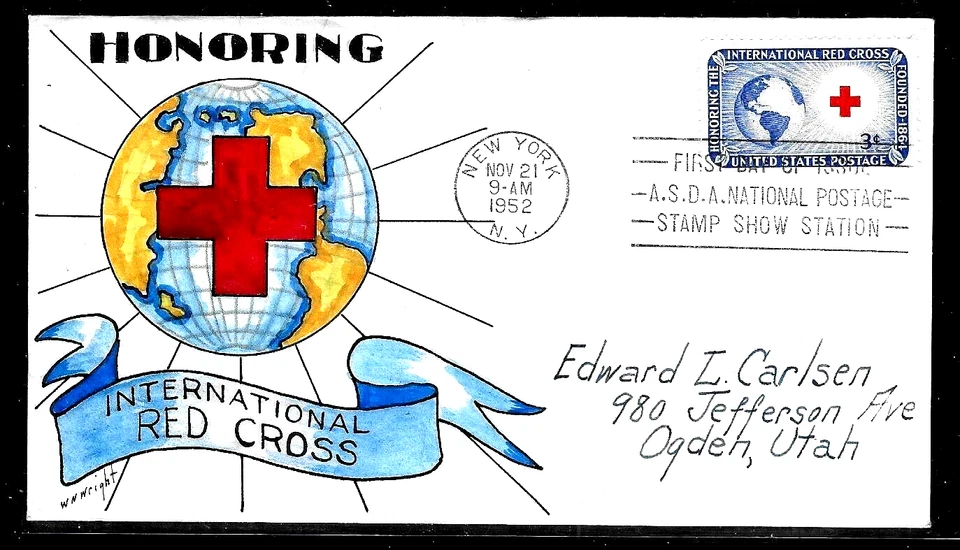 1016 3c Stamp (1952) THE INTERNATIONAL RED CROSS FDC HD/HP BY WILLIAM N. WRIGHT - Image 1 of 1