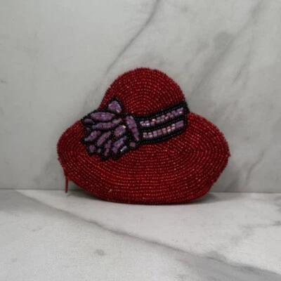 Cartera vintage de cambio/moneda de sombrero rojo con cuentas de semillas con banda púrpura negra rosa Foto 1 de 3