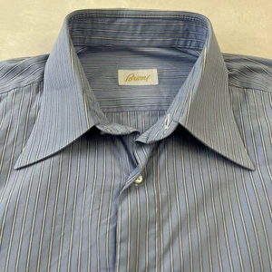 Brioni Mens Shirt 40 15.5 Blue Striped Button Up French Cuff Cotton Designer - Picture 1 of 7