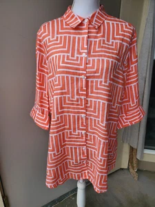 Chicos 2 No Iron 100% Linen Button Up Top Womens Large Orange White Geometric - Picture 1 of 17