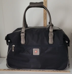 SWISSGEAR BLACK CANVAS ROLL- ON DUFFLE BAG W/ GRAY Faux LEATHER TRIM - Afbeelding 1 van 12