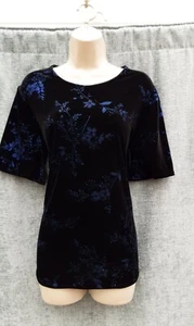 BLACK & BLUE FLORAL VELOUR TOP/BLOUSE,60S,70S,80S,90S VINTAGE STYLE,SIZE 12-14 - Picture 1 of 7