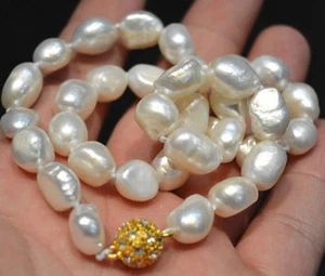 Natural 9-10mm White Freshwater Baroque Pearl Necklace 18'' Magnetic Clasp - Picture 1 of 3