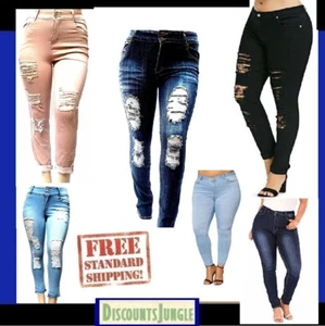 Womens Super Plus Size BLUE Skinny Denim Distressed Jeans pants SIZE 14 TO 34BIG - Picture 1 of 40