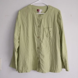 JM Collection Button Up Shirt Top Tunic 12 Lime Green 100% Linen Long Sleeve - Picture 1 of 10