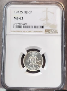 1942 FIJI SILVER 6 PENCE SEA TURTLE GEORGE VI NGC MS 62 GREAT LUSTER - Picture 1 of 3